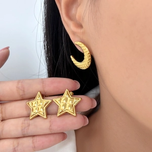 Stainless Steel Star And Moon Stud Earrings Gold Plated Rhombic Quilted Texture Geometric Trendy Minimalist Jewelry Women