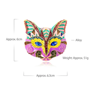 Vintage style colorful enamel cat mask brooch with vibrant rhinestones and blue eyes