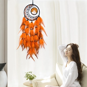Orange feather dreamcatcher with black Tree of Life design hanging on a wall
