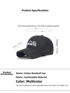 Detail view of wool baseball cap showing 7.5cm brim length and 11cm depth specs