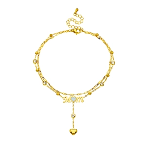 Double-layer gold stainless steel anklet with MOM letter pendant and heart zircon