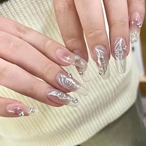 Pink Gradient Butterfly Star Press On Nails With Rhinestone Long Coffin Artificial Nails Reusable False Nails For Women