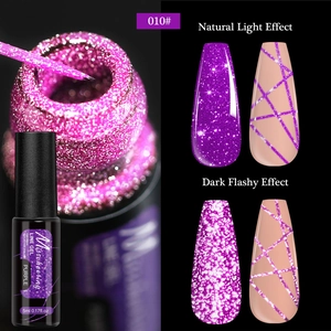 Macro detail of purple reflective glitter line gel polish with high-density sparkle effect