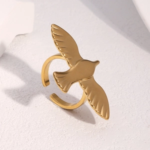 Golden stainless steel flying bird open ring with minimalist 18k gold plating for women
