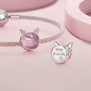 Charm chat en argent sterling S925 rose avec gravure Best Friends pour bracelets