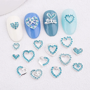Heart Shaped Nail Art Charms Lake Blue Rhinestone Alloy Silver Base Love Heart Bowknots Jewelry For DIY Manicure Decor