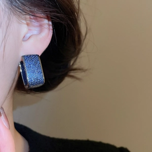 Macro shot of double-layered zircon U-shape earrings with dark blue pavé stones