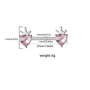 Anneau de mamelon couronne cœur rose en acier inoxydable avec mesures détaillées