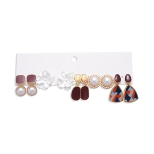 6-pair set of floral and geometric resin pearl earrings in purple, red, and white