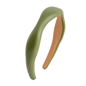 Solid green PU leather headband with wide padded design and soft brown lining