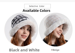 Detail view of winter plush bucket hats in black-white pattern and beige color options