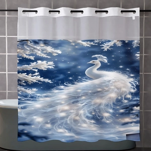 Close-up of waterproof shower curtain featuring a white peacock in a snowy night landscape