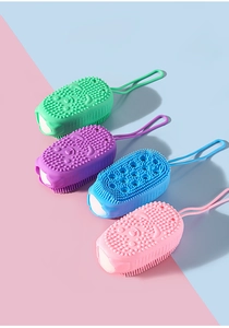 Silicone bath brushes in four pastel colors featuring massage bumps and sponge core