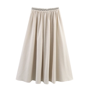 Jupe Longue Femme Texture Lin Coupe En A Plissée Avec Taille Élastique Broderie Géométrique Style Vacances