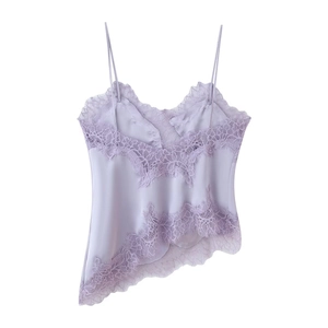 Detailed view of lavender satin camisole with delicate eyelash lace trim and thin straps