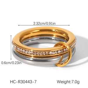 Detail view of two-tone stainless steel ring with micro-pave crystals and dimensions