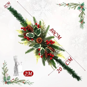 80cm Christmas pine cone swag with red berries and 2m LED light string decoration