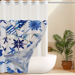 Detail of Mediterranean mosaic pattern on waffle fabric shower curtain with metal grommets