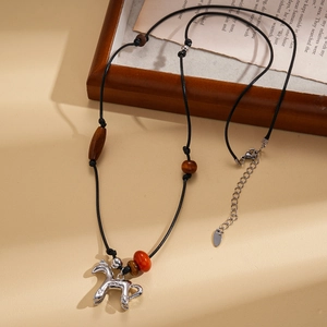 Retro beaded necklace with tiger eye wood beads and silver pony pendant on woven cord