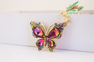 Macro view of colorful rhinestone butterfly keychain with golden lobster clasp and chain