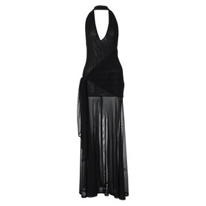 Detail of sheer mesh paneling and side tie knot on this sexy black deep V-neck halter dress