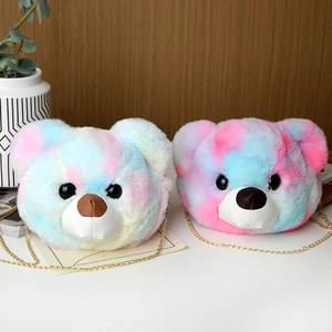 Cute tie-dye faux fur bear crossbody bag with golden chain strap for women and girls