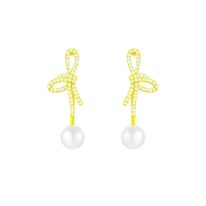 Elegant gold bow earrings with sparkling white crystals and dangling round pearls