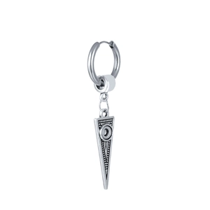 Punk style silver stainless steel hoop earring with a geometric triangle pendant charm