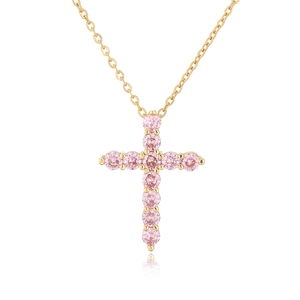 Detailed view of a gold cross pendant necklace featuring micro-set pink cubic zirconia stones