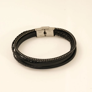 Multi-layer black braided leather bracelet for men with silver stainless steel clasp