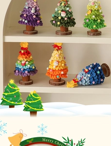 Detail of crochet Christmas tree ornaments with soft wool texture and wooden base