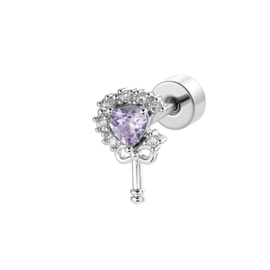 Silver vintage bow heart magic wand earring with purple zircon stone on white backdrop