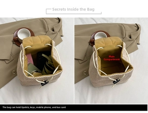 Detail view of woven straw bucket bag showing large capacity for phone and cosmetics