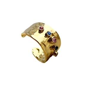 Hammered 18K gold-plated stainless steel open ring featuring five colorful zircon stones
