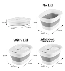 Detailed size chart of portable folding foot bath showing folded and expanded dimensions