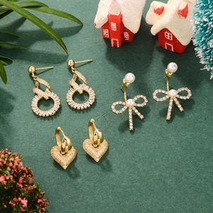 Heart Bow Stud Earrings With 925 Sterling Silver Earring Post Alloy Zircon Imitation Artificial Pearl Fashion Jewelry For Women