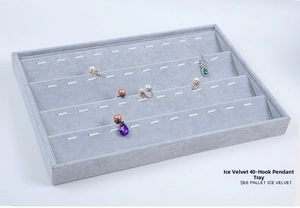 Gray velvet jewelry tray with 40 metal hooks for pendant and earring display