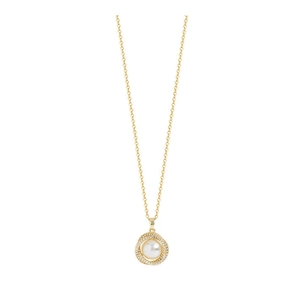 Elegant gold pearl necklace with zircon-encrusted round pendant on white background