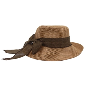 French straw hat with brown ribbon bow, vintage style sun hat for women summer beach wear