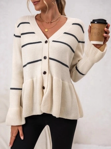Striped V-neck knit cardigan with peplum hem and bell sleeves in beige and black