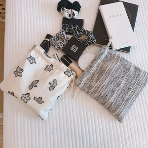 Minimalist cotton linen drawstring storage bags with butterfly print and striped patterns
