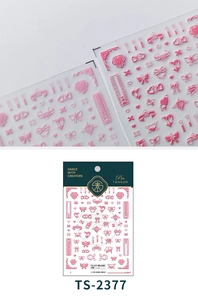 Detail of TS-2377 3D embossed nail stickers featuring pink hearts and ribbon designs