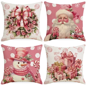Christmas Pillowcase Decorative Linen Cushion Cover Santa Snowman Wreath Pattern For Sofa Living Room Holiday Decor Pink