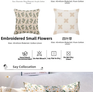 Detailed material texture and washing guide for embroidered daisy floral pillow covers