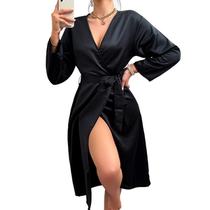 Elegant black satin long-sleeved robe with V-neck and waist tie for a sleek loungewear look