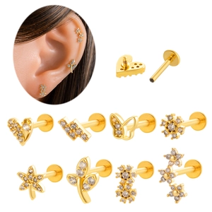 Stainless Steel Zircon Labret Piercing Stud Internal Thread Flat Back Heart Butterfly Flower Ear Cartilage Jewelry