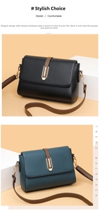 Detail of square crossbody bags in black and teal with adjustable brown leather straps