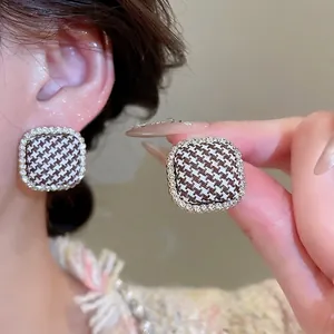 Elegant houndstooth square stud earrings with sparkling rhinestone borders for women