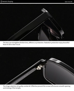 Detail of high-quality metal hinge and thick UV protection lenses on black square sunglasses