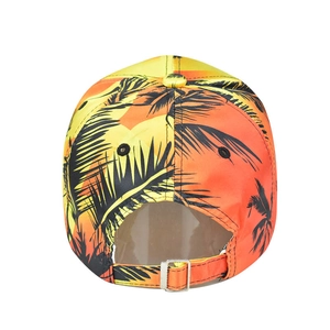 Detail view of sunset palm tree pattern baseball cap with silver metal adjustable buckle
